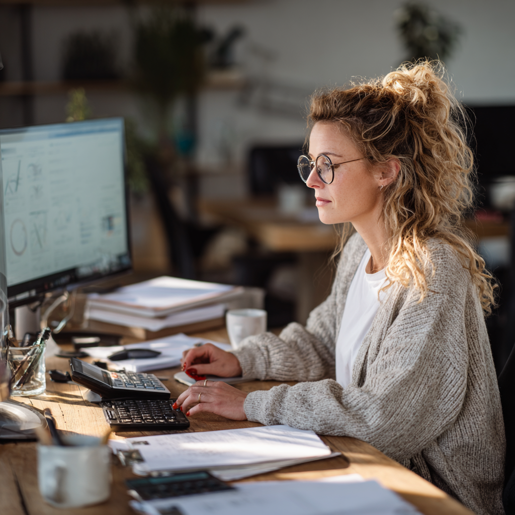 Ultra realistická fotografia stredoeurópskeho bieleho účtovníka pracujúceho na podvojnom účtovníctve, profesionálne kancelárske pracovisko s počítačom, externým monitorom zobrazujúcim