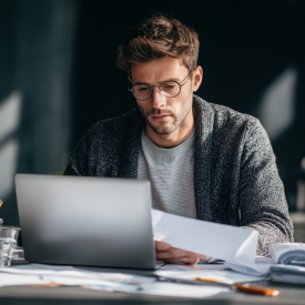 otografia účtovníka pracujúceho na notebooku s vytlačenými dokumentmi vedľa seba, stredoeurópsky biely muž, čistý pracovný priestor,d